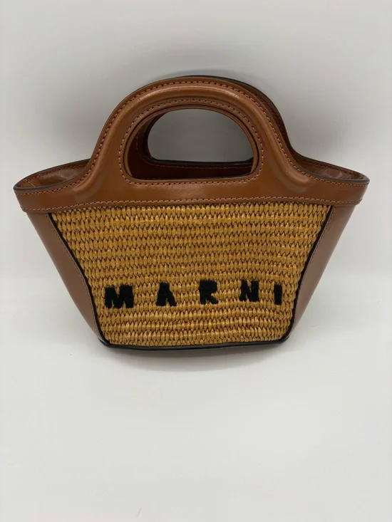 Marni Tan Leather & Straw Mini Tote with Black Logo - Picture 1 of 5